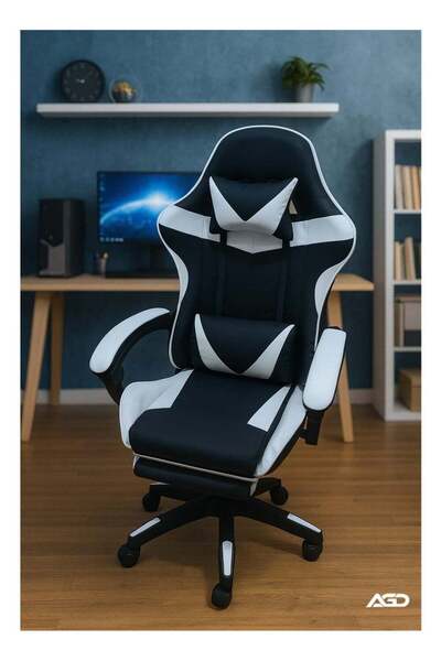 AGD Gaming Chair with Footrest, High-Back Reclining Office Chair with Lumbar Support - Black/White