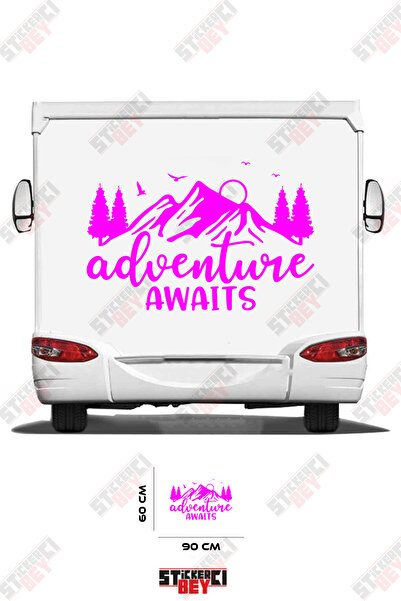 STİCKERCI BEY ملصق كارافان مزين بصورة جبل وشجرة مع عبارة 'المغامرة تنتظر'