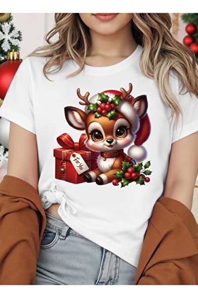 one button Унисекс коледна тениска с дизайн на сладко еленче и подаръчна опак...