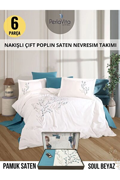 Dantela SOUL BEYAZ Nakışlı Çift Kişilik Pamuk Saten Nevresim Takımı 6 parca