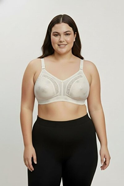 enmodaiçgiyim Ecru Shaping / Sculpting Minimizer Bra, Wire-Free, Sponge-Free, Lace Detail, Wide Straps, Comfort Model