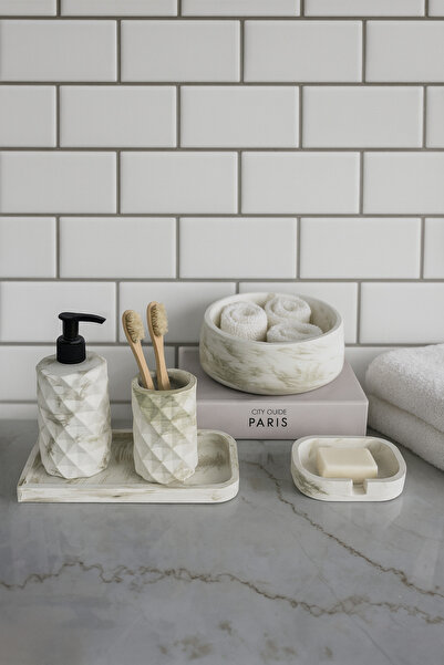 Zigzag Home Set de baie decorativ cu diamante, model 5 piese, dozator de săpun lichid și solid, suport pentru periuță de dinți, tavă, set de suport pentru prosoape