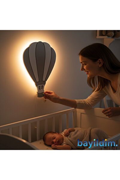 UÇAN BALON DUVAR GECE LAMBASI – Ahşap & Pilli & LED | Bayıldım