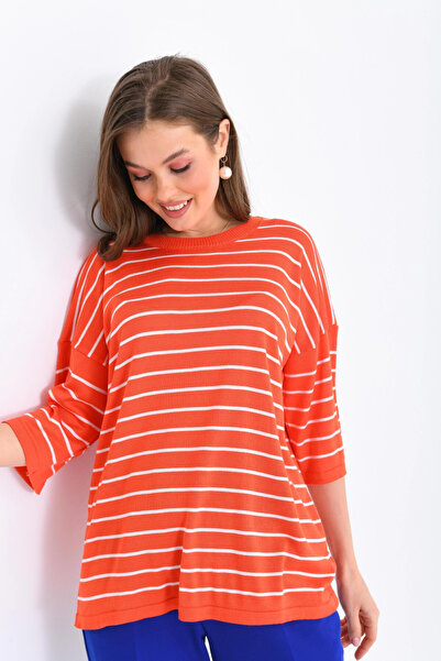 Park Karon Women's Crew Neck Short Sleeve Striped Oversized Knitwear Sweater 10218.Vsc