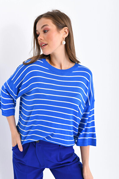 Park Karon Women's Crew Neck Short Sleeve Striped Oversized Knitwear Sweater ...