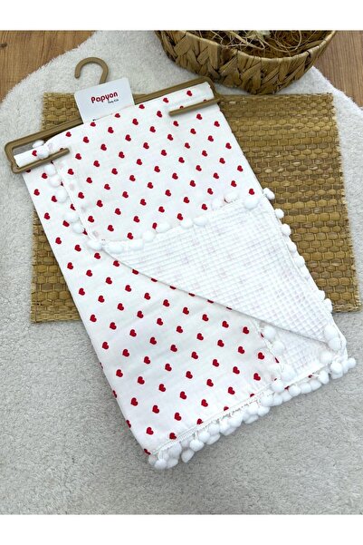 Papyon Baby Kids Küçük Kalp Baskılı Ponponlu Müslin Pike Bebek Battaniyesi 85...