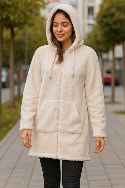 Tenra Women's Plush Coat Hooded Wide Fit Cream