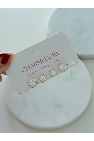 CHARMLUCKY Special Series 4-Piece Square Tektaş Earring Set