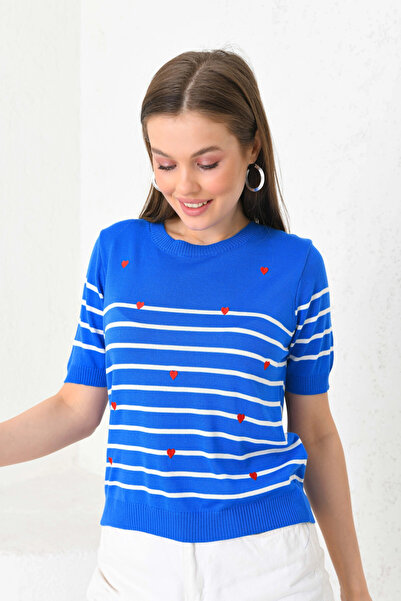 Park Karon Women's Crew Neck Short Sleeve Embroidered Knitwear Sweater 10195.Vsc