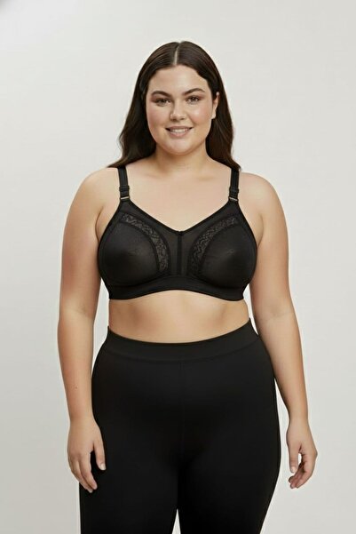 enmodaiçgiyim Black Shaping / Sculpting Minimizer Bra Wire-Free Sponge-Free Lace Detailed Wide Strap Comfort Model