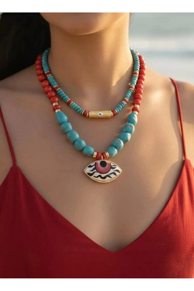 Dorvina Turkuaz Taşlı Boncuk Tasarım Göz Charmlı İkili Kombin Bijuteri Kolye ...