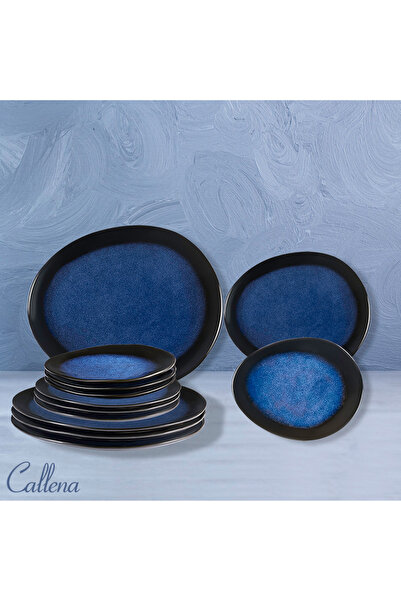 Callena 20-piece dinner service, double glazed ceramic, deformed, blue with black edges, Deep Glaze