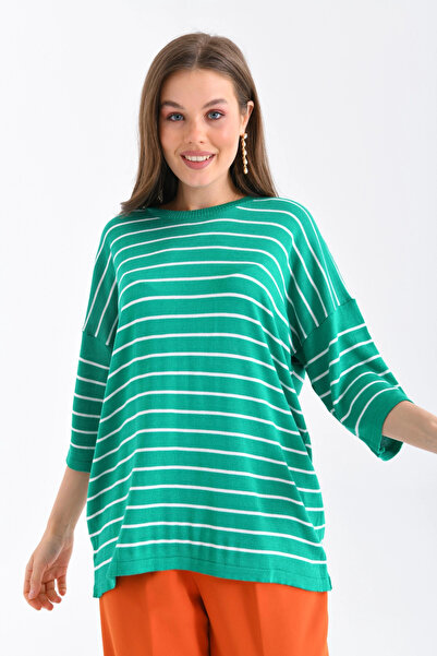 Park Karon Women's Crew Neck Short Sleeve Striped Oversized Knitwear Sweater ...