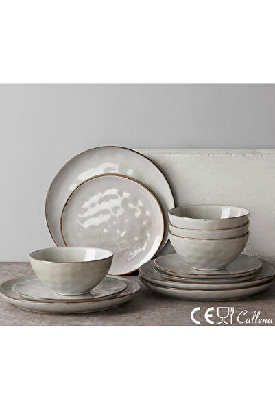 Callena 12-piece dinner set, ceramic, gray with brown-gold edges, vintage, Belle Époque