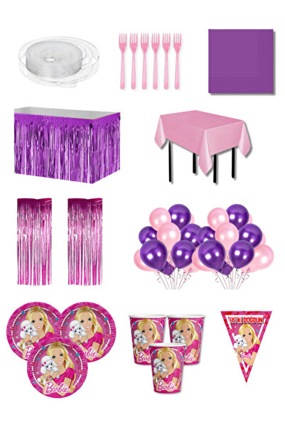 Barbie Parti Seti 24 Kişilik Premium | Masa Etekli Arka Fonlu Balon Zincirli Konsept