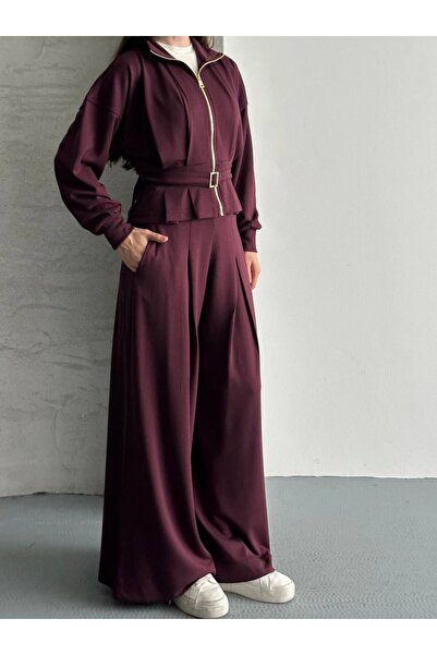 trivvy طقم سترة نسائية بحزام وساق واسعة مع سحاب