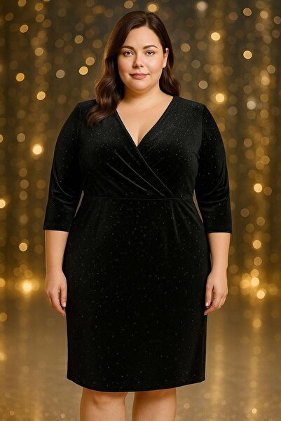 RMG Lurex Velvet Plus Size Black Evening Dress