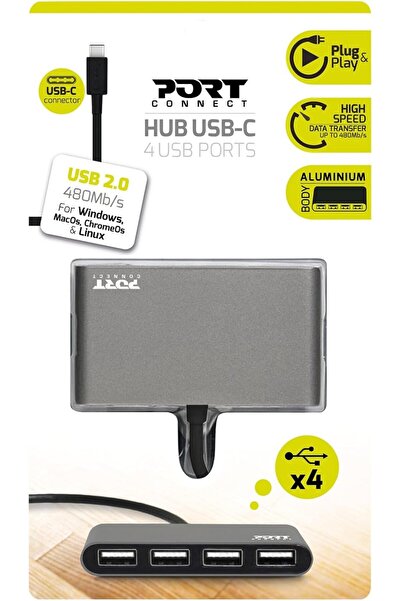 PORT DESIGNS موزع USB 2.0 إلى USB-C رباعي المنافذ