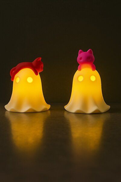 Aras Tasarım Kedi Figürlü Sevimli Hayalet Masa Lambası- Dekoratif Gece Lambası Pilli Mum-1 Adet