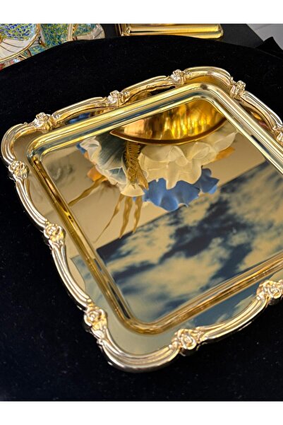 LOKMAN ZÜCCACİYE SHOWROOM 3 قطع صينية تقديم مربعة من الفولاذ المطلي بالذهب مع...