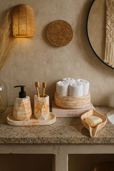 Zigzag Home Set de baie cu model geometric din marmură decorativă, dozator de săpun lichid/solid, suport pentru periuță de dinți, tavă, set de suport pentru prosoape