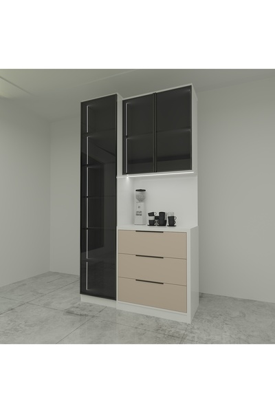 Vanmed Home Vanmed Reflekte Cam Kapaklı Ledli MDF Beyaz Kahve Köşesi Dolabı 210*120*40