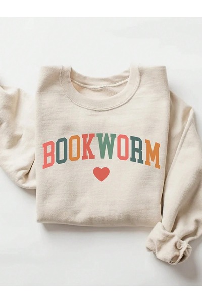 WESTİMO Women's Beige Bookworm Printed Oversized Crew Neck Sweatshirt