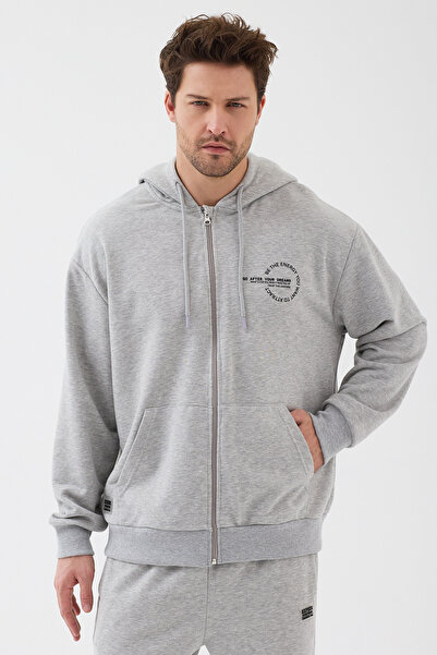 EXPIER Unisex Kapüşonlu Fermuarlı Cepli Relax Fit Baskılı Düz Sweatshirt