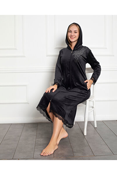 MOPİ Velvet Midi Dress with Hooded Zipper Pockets