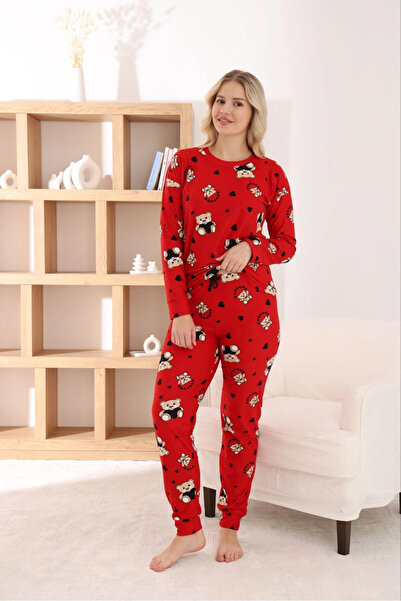 Pijamoni Women's Suede Fabric Teddy Bear Patterned Red Pajama Set