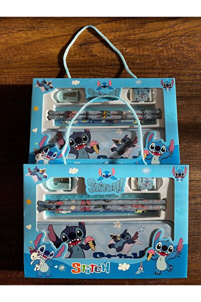 gülümse gel Kırtasiye Okul Seti 2'li Stich Stiç Stik Kalemlik Kalem Silgi Kalemtıraş Cetvel Set