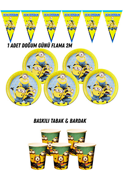 HAPPYLOOPPARTY Minions Minyonlar 16 Kişilik Tabak , Bardak , Flama Bayrak Doğ...
