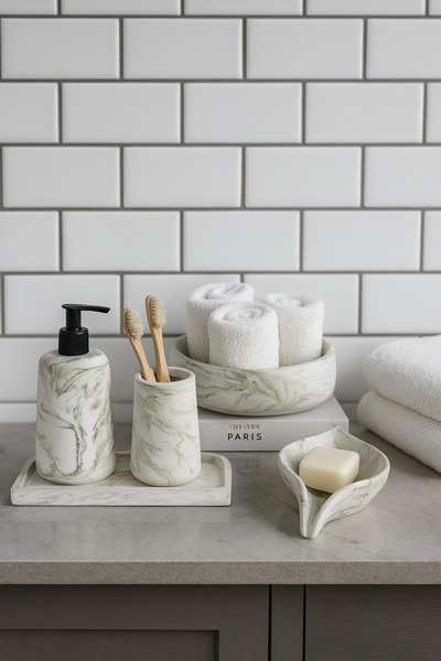 Zigzag Home Set de baie decorativ din 5 piese cu model de marmură oval, dozator de săpun lichid și solid, suport pentru periuță de dinți, tavă, suport pentru prosoape