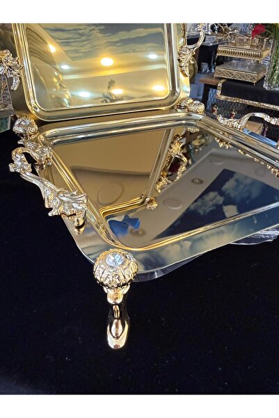 LOKMAN ZÜCCACİYE SHOWROOM 3 ADET GOLD TEPSİ TAŞ İŞLEME AYAKLI KAHVE ÇAY SUNUM SÖZ TEPSİSİ