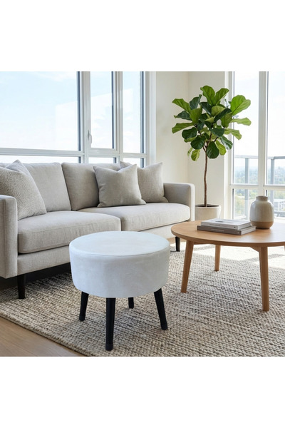 ustaagac Puf Koltuk Tabure // Dekoratif Tek Renk Kırık Beyaz // Ahşap Gürgen ...