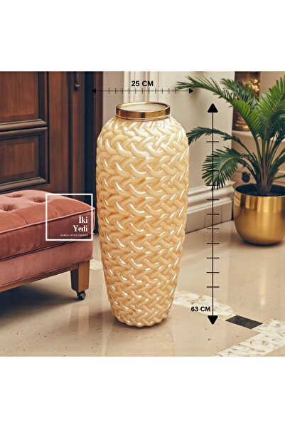 İki Yedi Konsept Auxley Örgü Desenli Cam Vazo 63 cm Ayaklı Büyük Boy Salon ve Giriş Dekoru Ofis Hediyesi Ev Aksesuar