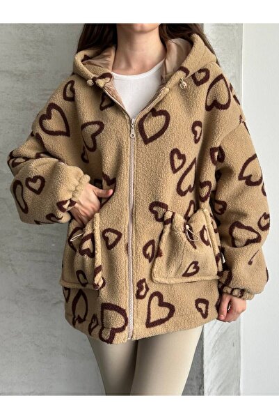 trivvy Women's heart patterned Hooded plush jacket