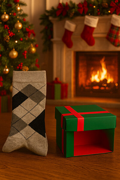 DEYDİ Baklava Desenli Yılbaşı 2'li Çorap-Kışlık Pamuklu Unisex Çorap-Hediye Kutulu