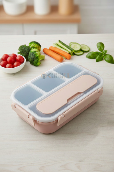 KaktüsKedi حاوية طعام بأربعة أقسام مع شوكة وملعقة - حاوية لتخزين الوجبات