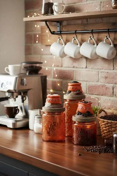 Handan UZUNOĞLU Ahşap Vakum Kapaklı Cam Çay Kahve Şeker 3’lü Kavanoz Seti