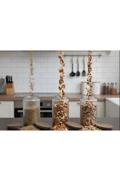 Buğra Home 3-Piece Glass Akasya Jar with Lid-1500Cc-With Sticker-