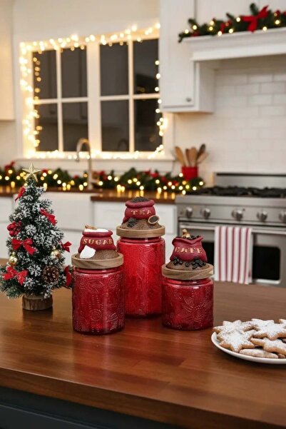 Handan UZUNOĞLU طقم برطمانات زجاجية خشبية محكمة الغلق للشاي والقهوة والسكر مك...