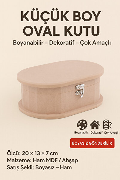 Eymen Hobi Küçük Boy Oval Ham Ahşap Kutu 20x13x7 cm | Boyanabilir Kapaklı Dek...
