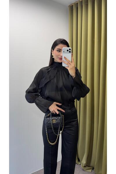 HAZELANNA Organza Casual Black Blouse