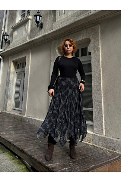 Bak'ap Premium Trend Asymmetrical Plaid Maxi Long Chiffon Skirt