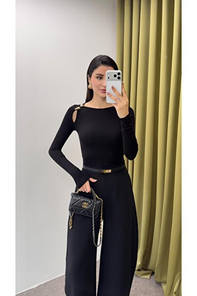 HAZELANNA Gold Broşlu Uzun Kollu Siyah Bluz