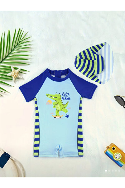 MODA Erkek Bebek Timsah Baskılı Kısa Kollu Tulum Mayo ve Şapka Seti