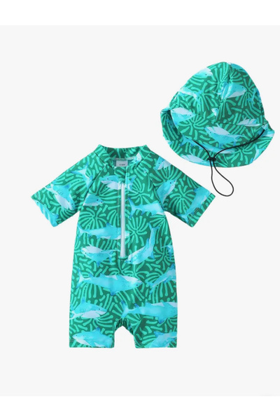 MODA Erkek Bebek Balık Desenli Fermuarlı Kısa Kollu Tulum Mayo ve Şapka Seti