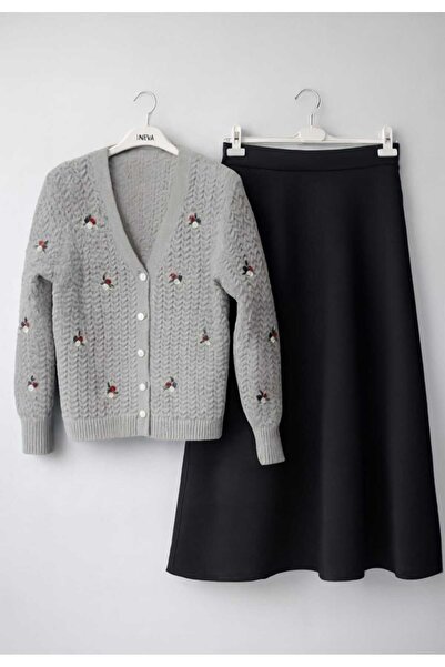 MODA VEDAT Women's Floral Embroidered Knitwear Cardigan and Skirt Set -440