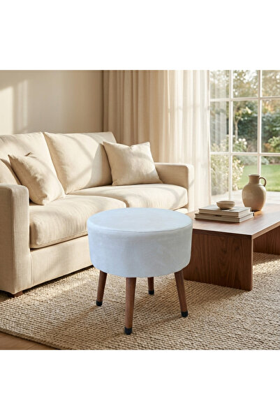 ustaagac Puf Koltuk Tabure // Dekoratif Tek Renk Kırık Beyaz // Ahşap Gürgen ...